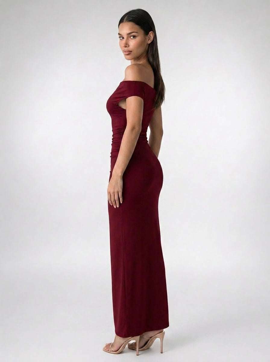 Sabine Off Shoulder Ruched Waist Maxi Dress in Burgundy