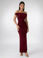 Sabine Off Shoulder Ruched Waist Maxi Dress in Burgundy