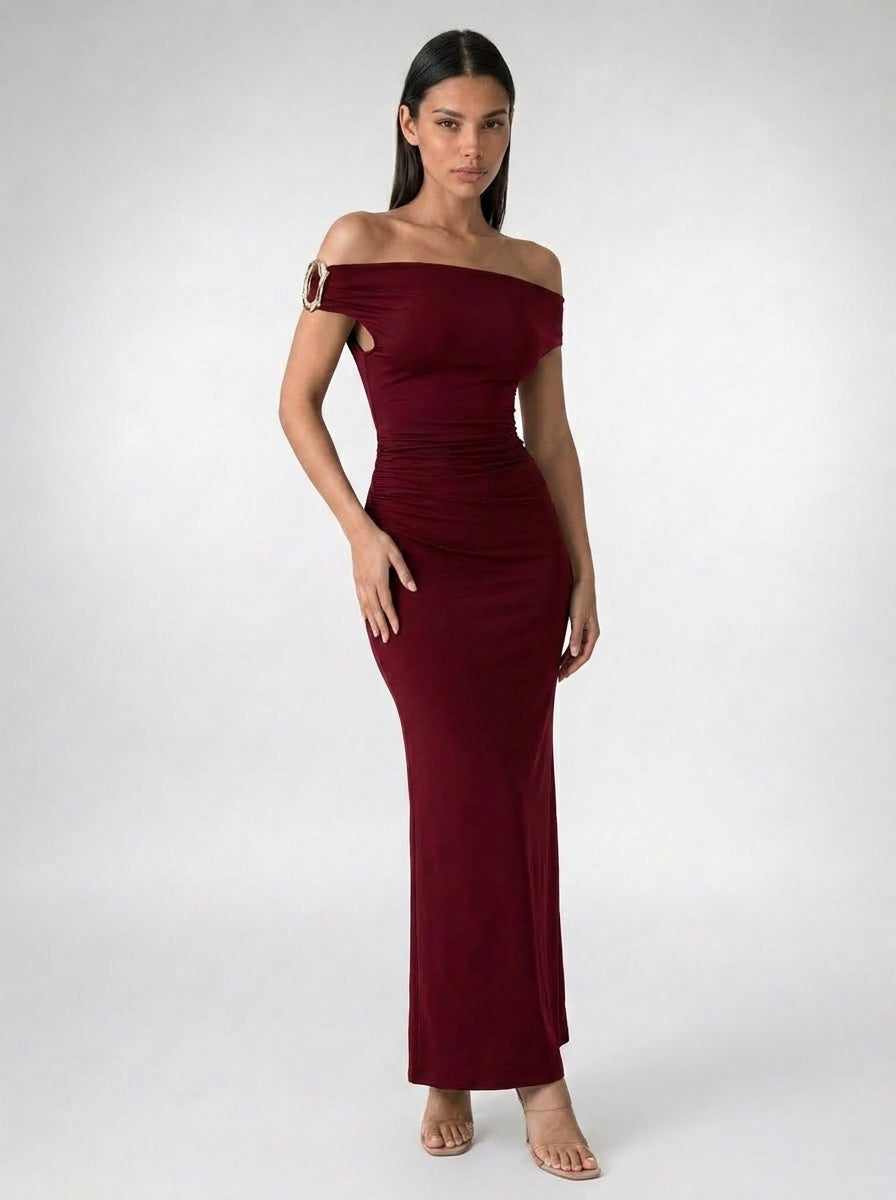 Sabine Off Shoulder Ruched Waist Maxi Dress in Burgundy