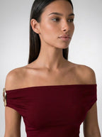 Sabine Off Shoulder Ruched Waist Maxi Dress in Burgundy