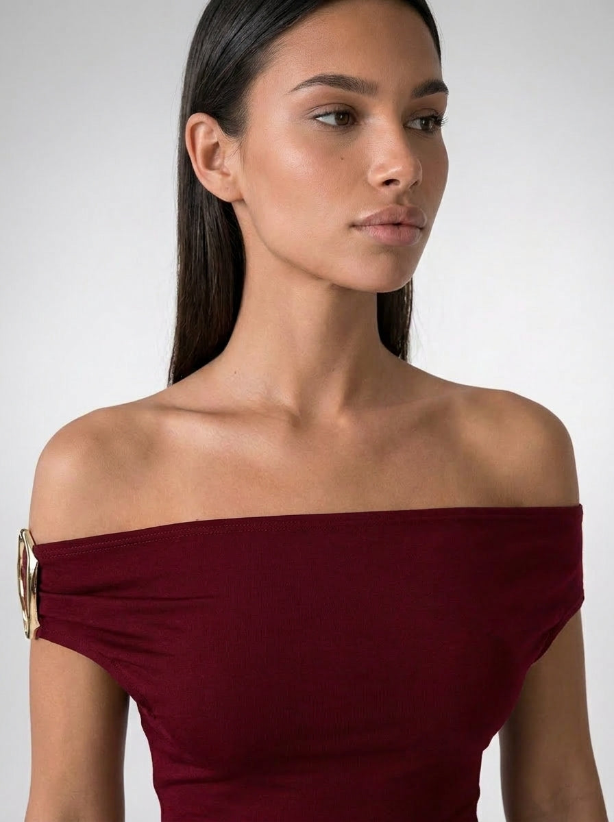 Sabine Off Shoulder Ruched Waist Maxi Dress in Burgundy