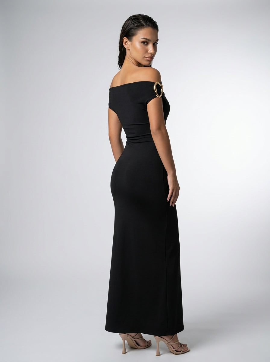 Sabine Off Shoulder Ruched Waist Maxi Dress in Black
