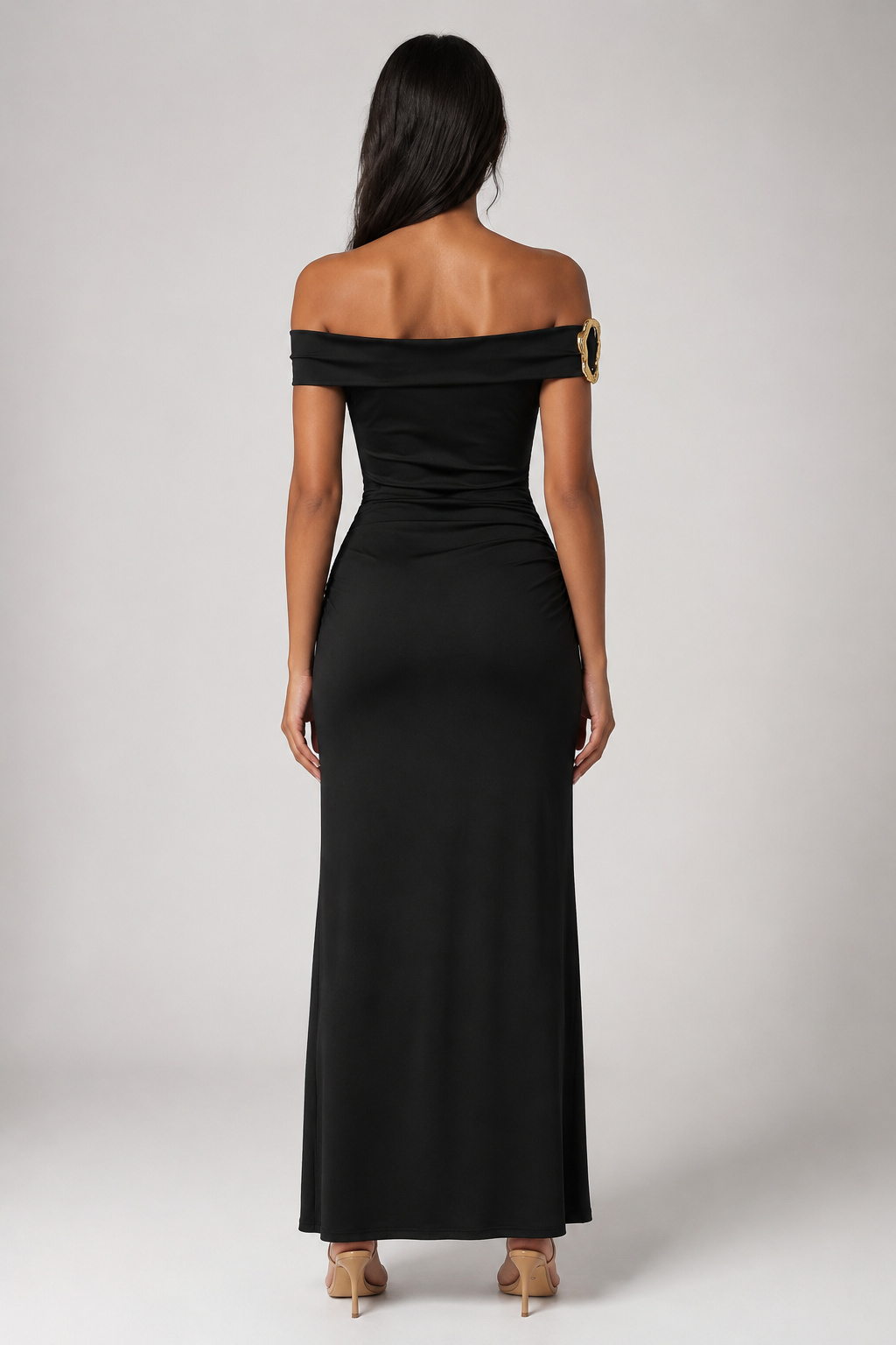 Sabine Off Shoulder Ruched Waist Maxi Dress in Black