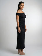 Sabine Off Shoulder Ruched Waist Maxi Dress in Black
