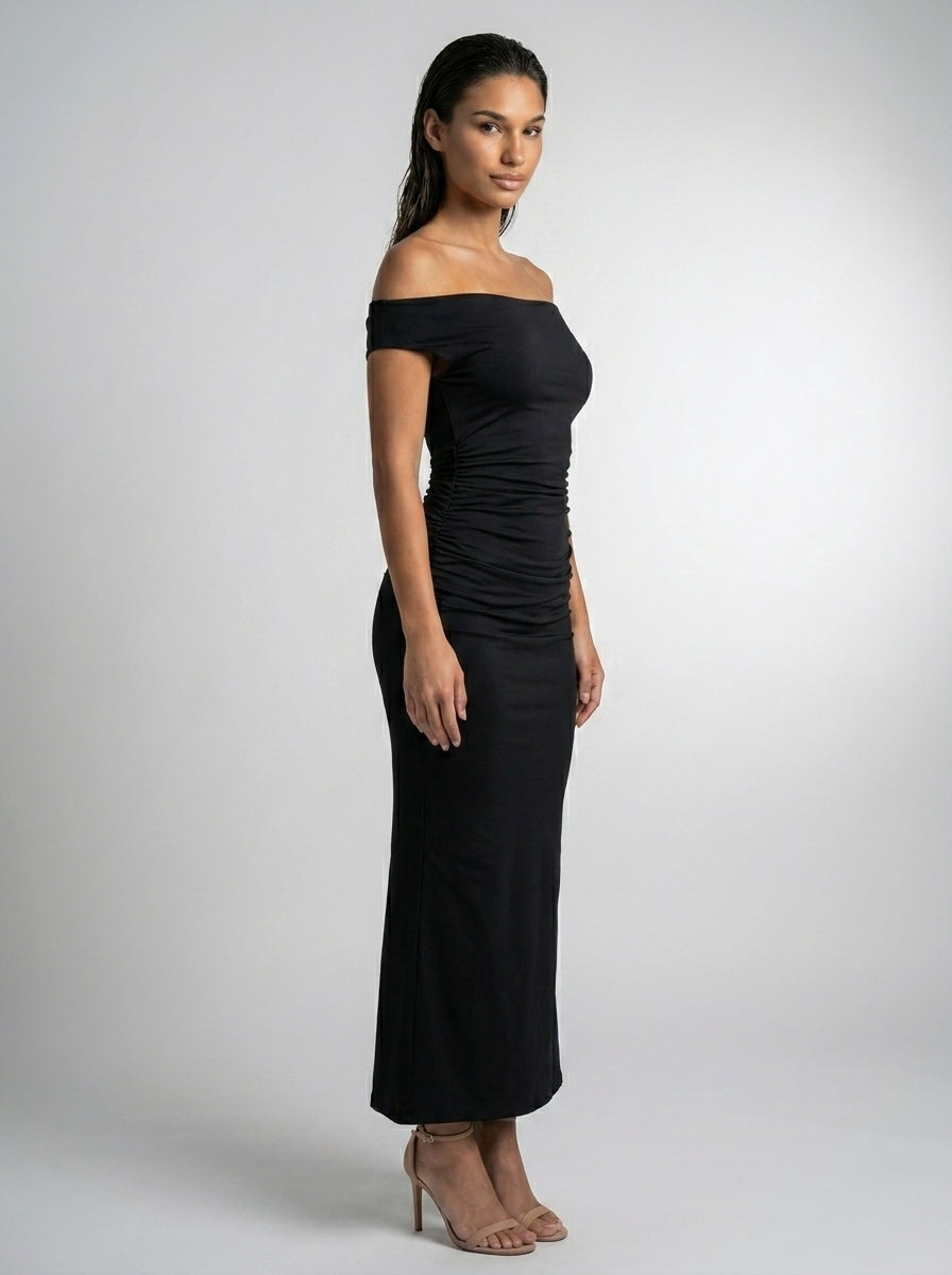 Sabine Off Shoulder Ruched Waist Maxi Dress in Black
