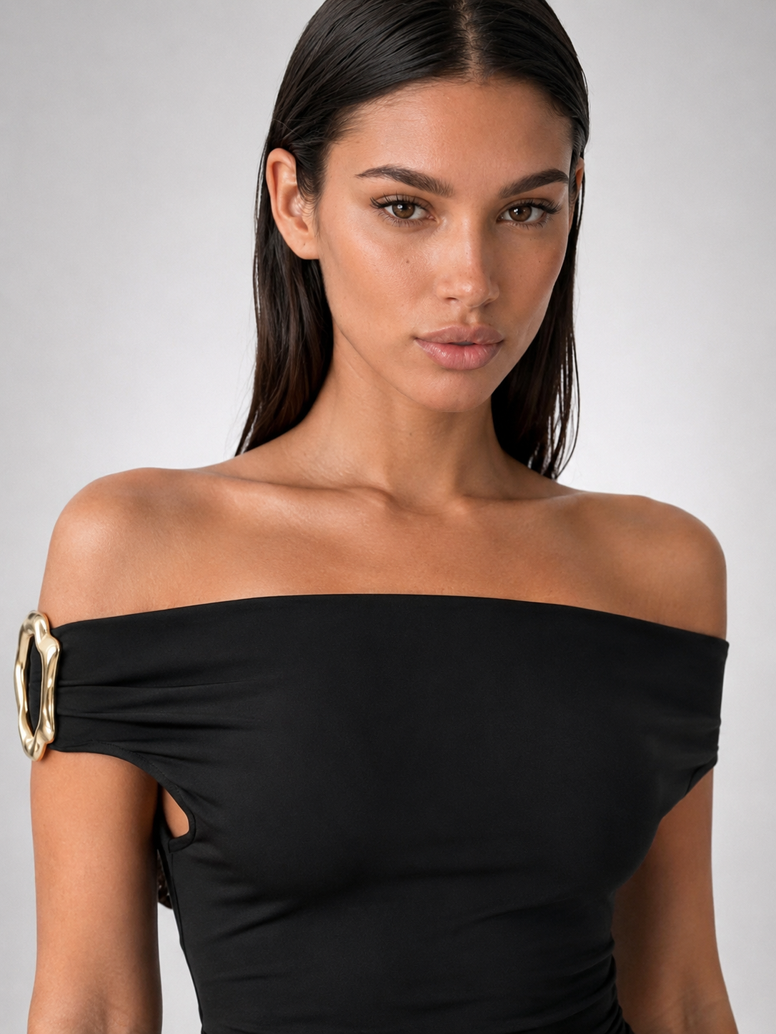 Sabine Off Shoulder Ruched Waist Maxi Dress in Black