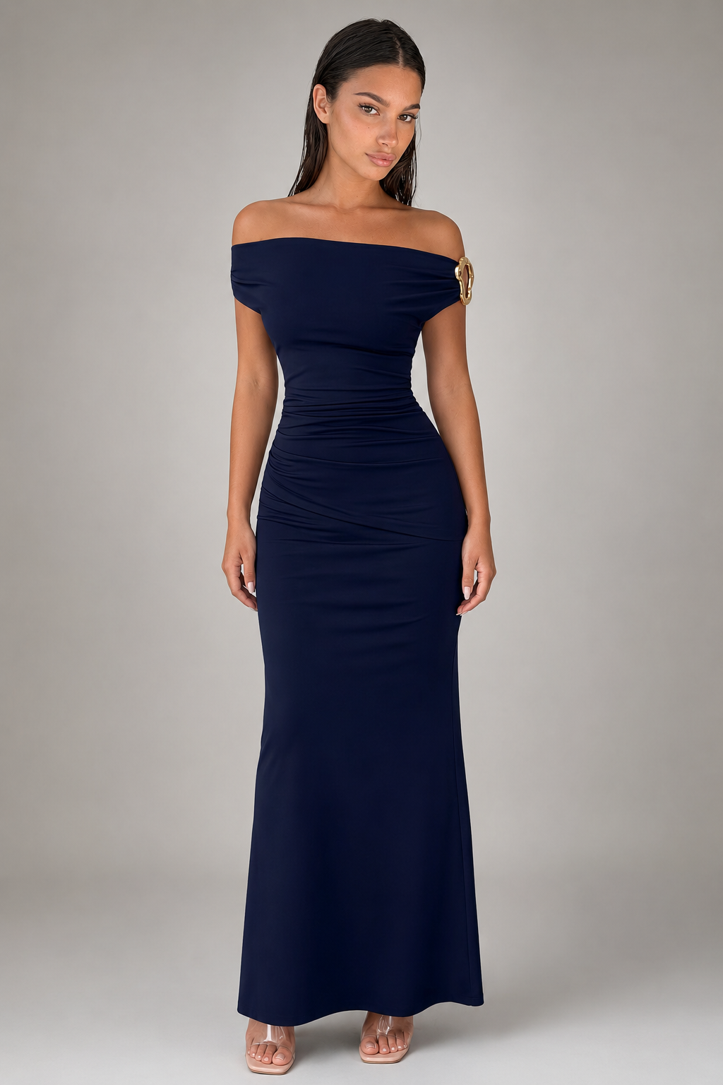 Sabine Off Shoulder Ruched Waist Maxi Dress in Navy