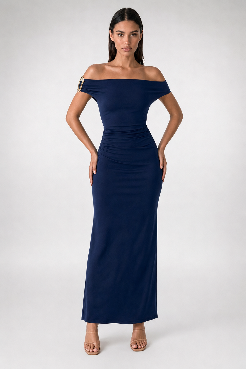 Sabine Off Shoulder Ruched Waist Maxi Dress in Navy