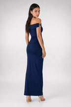 Sabine Off Shoulder Ruched Waist Maxi Dress in Navy