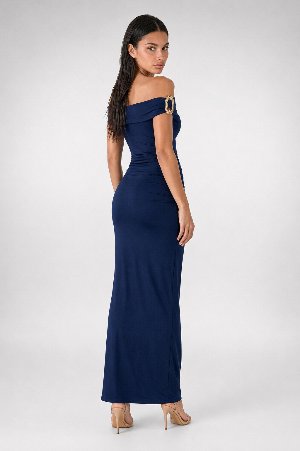 Sabine Off Shoulder Ruched Waist Maxi Dress in Navy