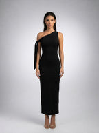 Roxane One Shoulder Draped Asymmetric Maxi Dress in Black