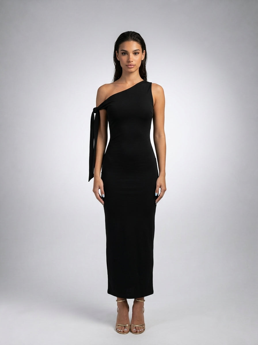 Roxane One Shoulder Draped Asymmetric Maxi Dress in Black