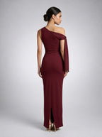 Roxane One Shoulder Draped Asymmetric Maxi Dress in Burgundy