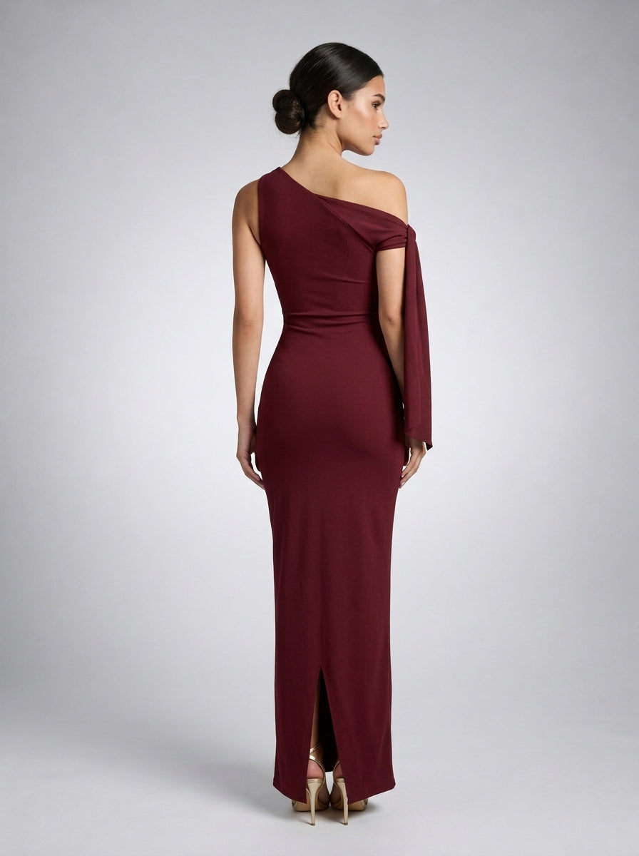 Roxane One Shoulder Draped Asymmetric Maxi Dress in Burgundy