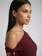 Roxane One Shoulder Draped Asymmetric Maxi Dress in Burgundy