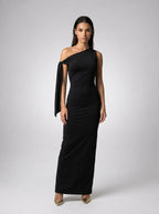 Roxane One Shoulder Draped Asymmetric Maxi Dress in Black