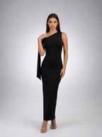 Roxane One Shoulder Draped Asymmetric Maxi Dress in Black