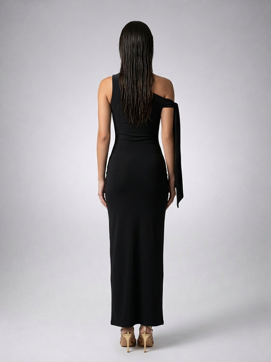 Roxane One Shoulder Draped Asymmetric Maxi Dress in Black