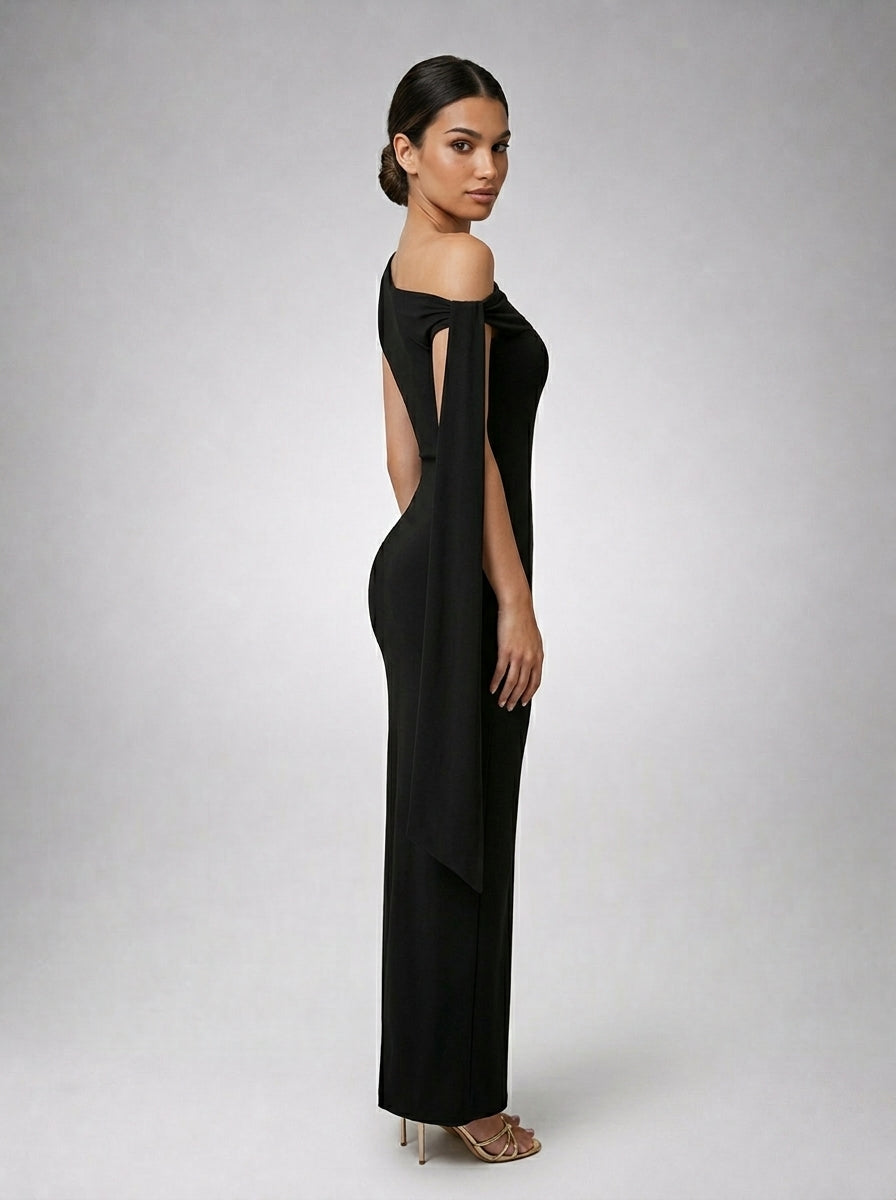 Roxane One Shoulder Draped Asymmetric Maxi Dress in Black