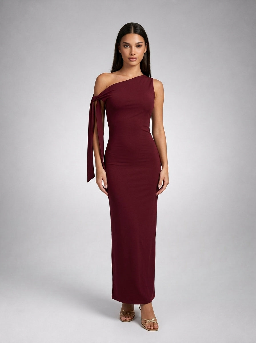 Roxane One Shoulder Draped Asymmetric Maxi Dress in Burgundy