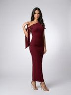 Roxane One Shoulder Draped Asymmetric Maxi Dress in Burgundy