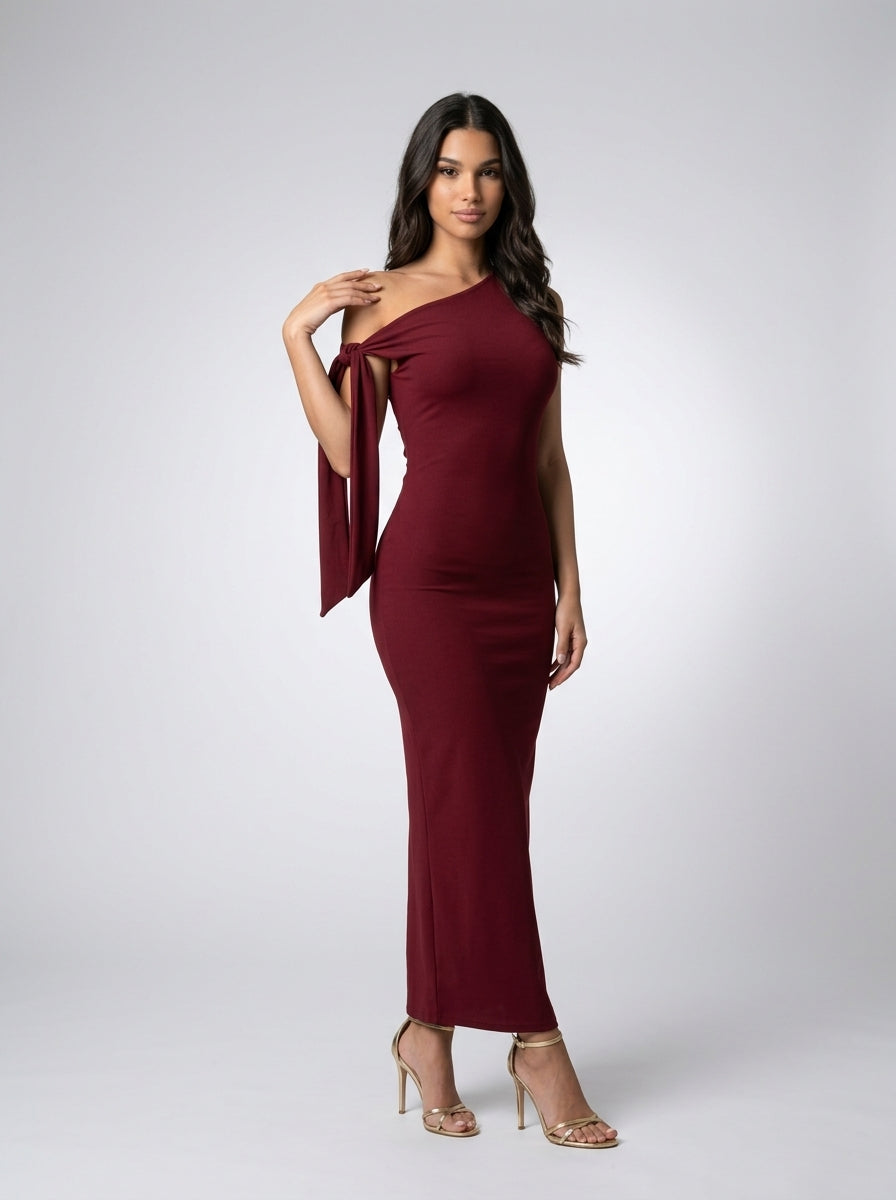Roxane One Shoulder Draped Asymmetric Maxi Dress in Burgundy