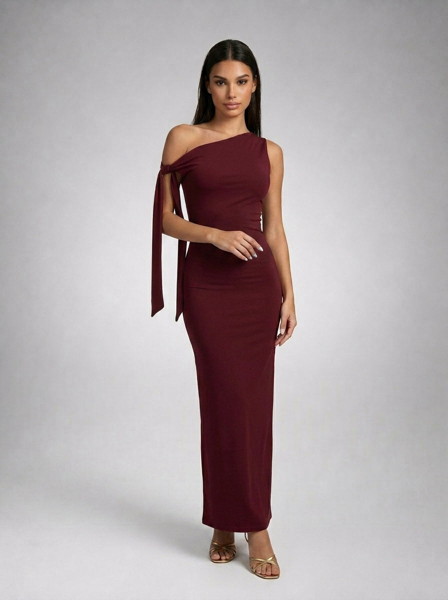 Roxane One Shoulder Draped Asymmetric Maxi Dress in Burgundy