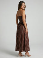 Josephine Polka Dot Strapless A Line Maxi Dress in Brown