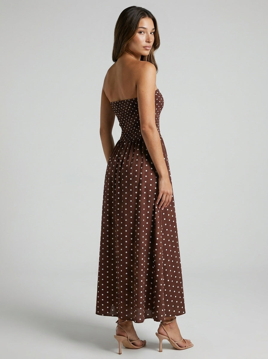 Josephine Polka Dot Strapless A Line Maxi Dress in Brown