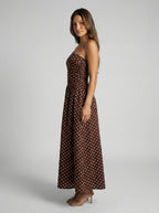Josephine Polka Dot Strapless A Line Maxi Dress in Brown