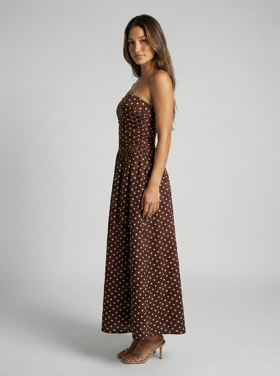Josephine Polka Dot Strapless A Line Maxi Dress in Brown