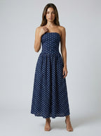 Josephine Polka Dot Strapless A Line Maxi Dress in Navy