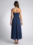 Josephine Polka Dot Strapless A Line Maxi Dress in Navy