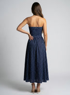 Josephine Polka Dot Strapless A Line Maxi Dress in Navy