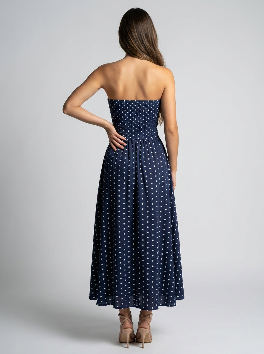 Josephine Polka Dot Strapless A Line Maxi Dress in Navy