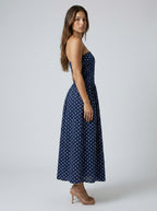 Josephine Polka Dot Strapless A Line Maxi Dress in Navy