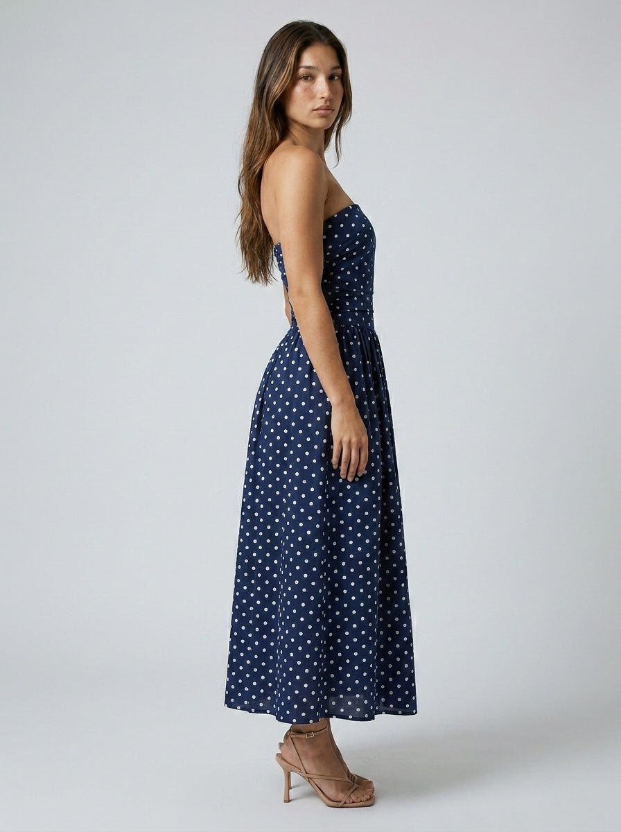 Josephine Polka Dot Strapless A Line Maxi Dress in Navy