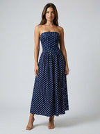 Josephine Polka Dot Strapless A Line Maxi Dress in Navy