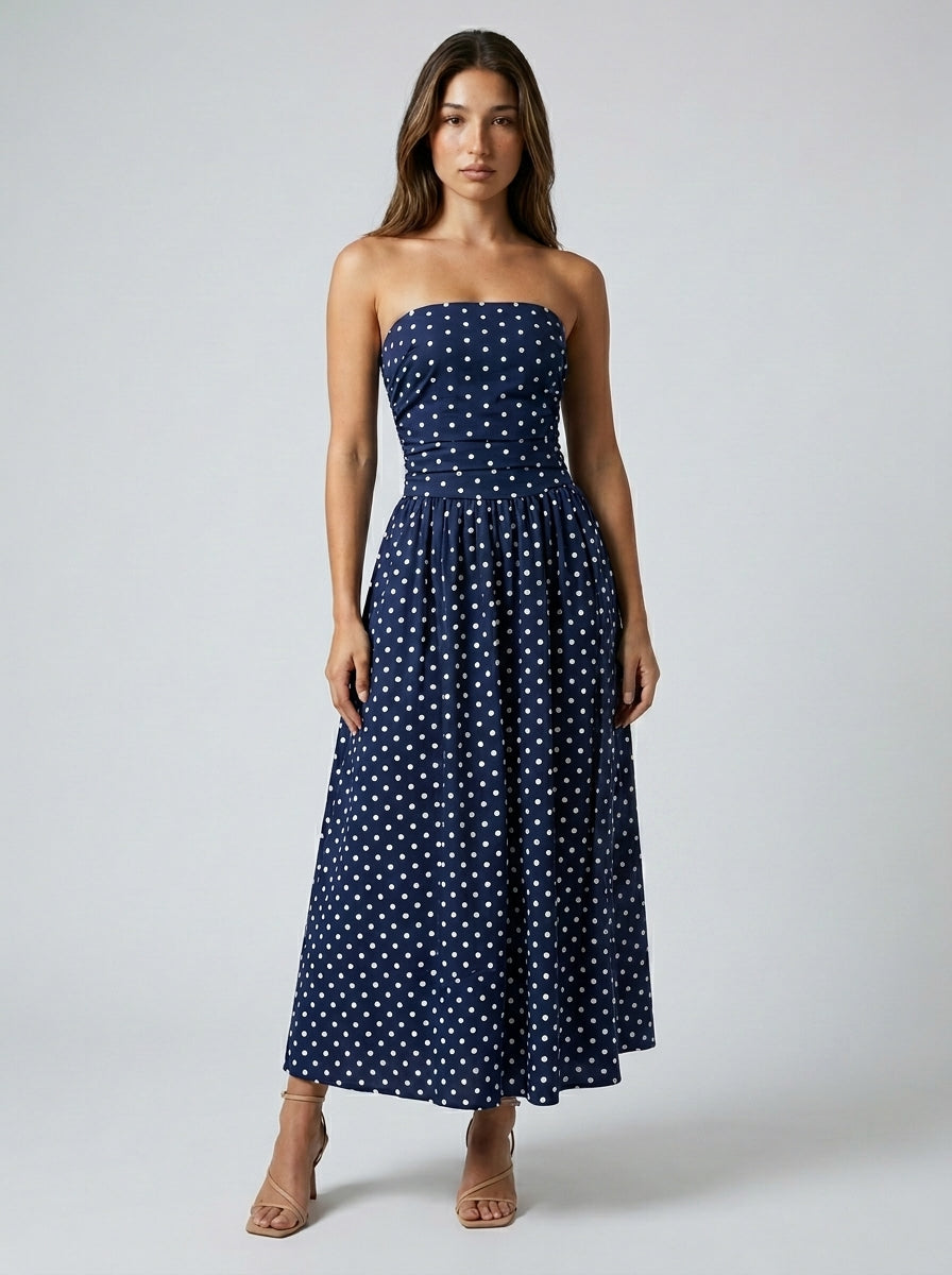 Josephine Polka Dot Strapless A Line Maxi Dress in Navy