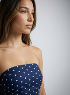 Josephine Polka Dot Strapless A Line Maxi Dress in Navy