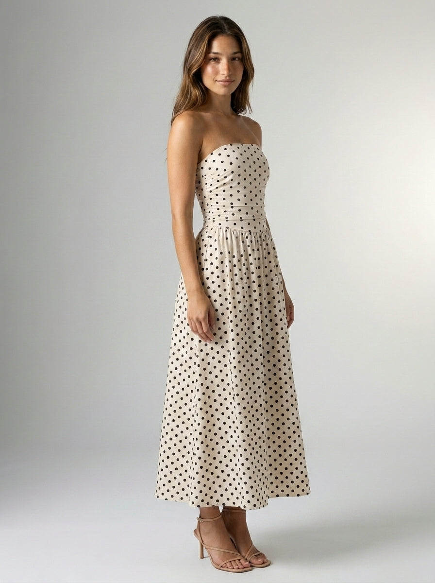 Josephine Polka Dot Strapless A Line Maxi Dress in Cream
