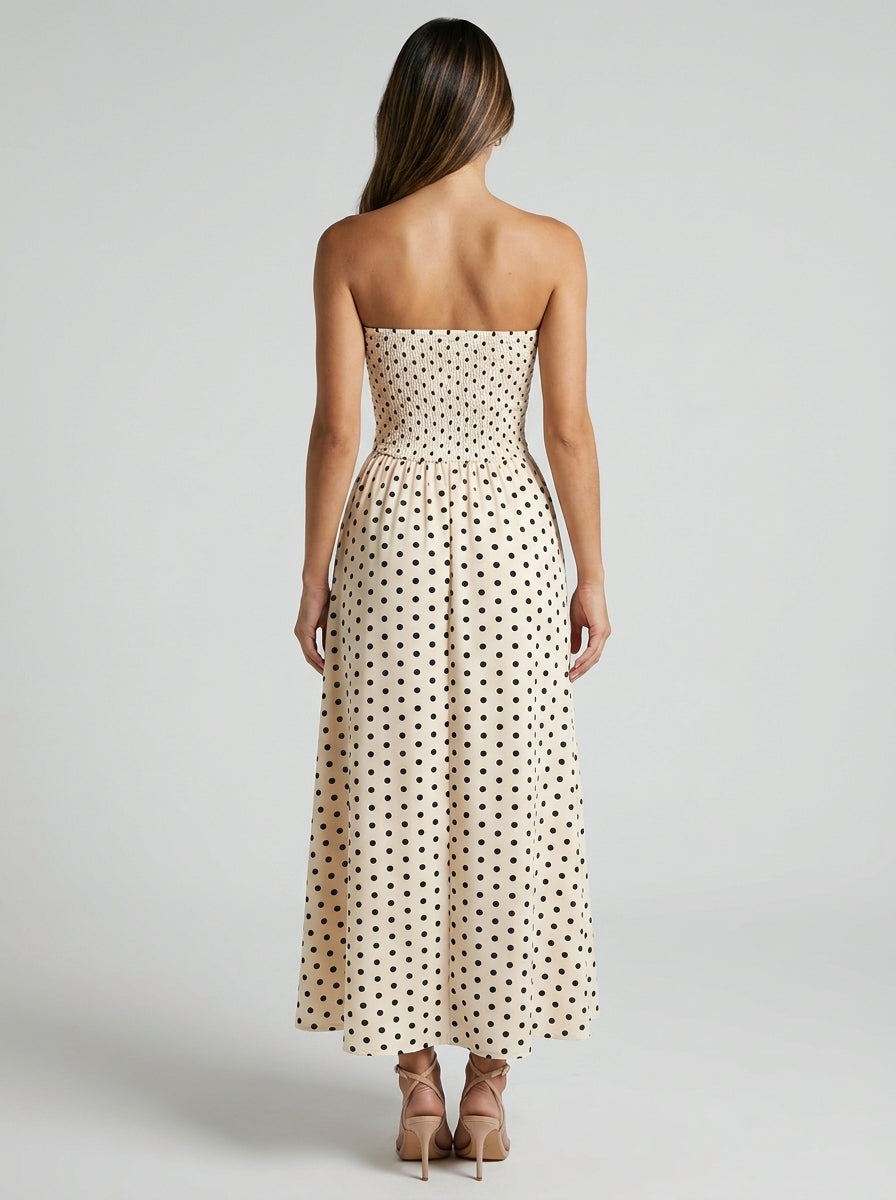 Josephine Polka Dot Strapless A Line Maxi Dress in Cream