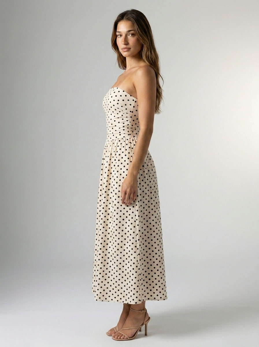 Josephine Polka Dot Strapless A Line Maxi Dress in Cream