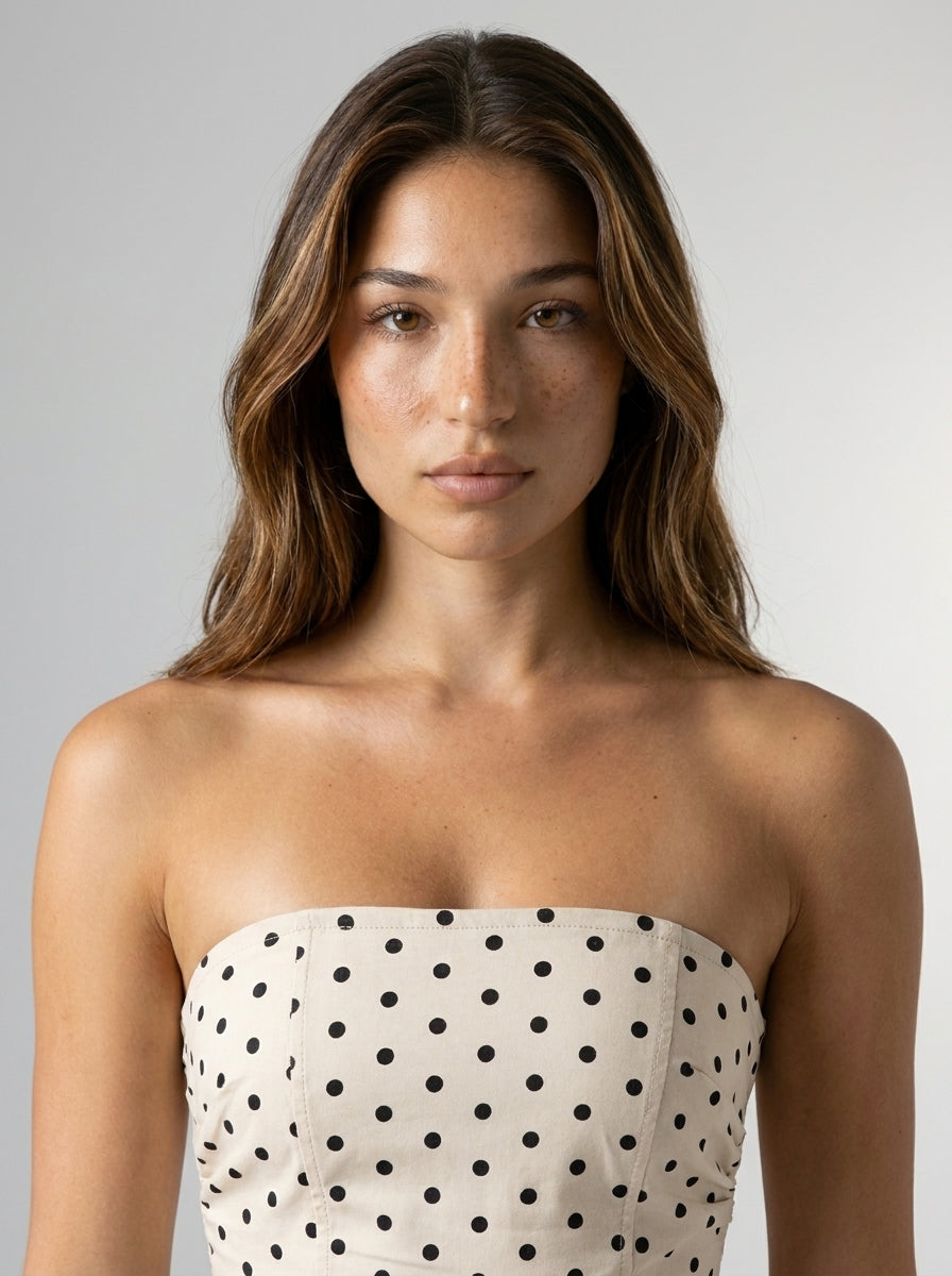 Josephine Polka Dot Strapless A Line Maxi Dress in Cream