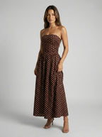 Josephine Polka Dot Strapless A Line Maxi Dress in Brown