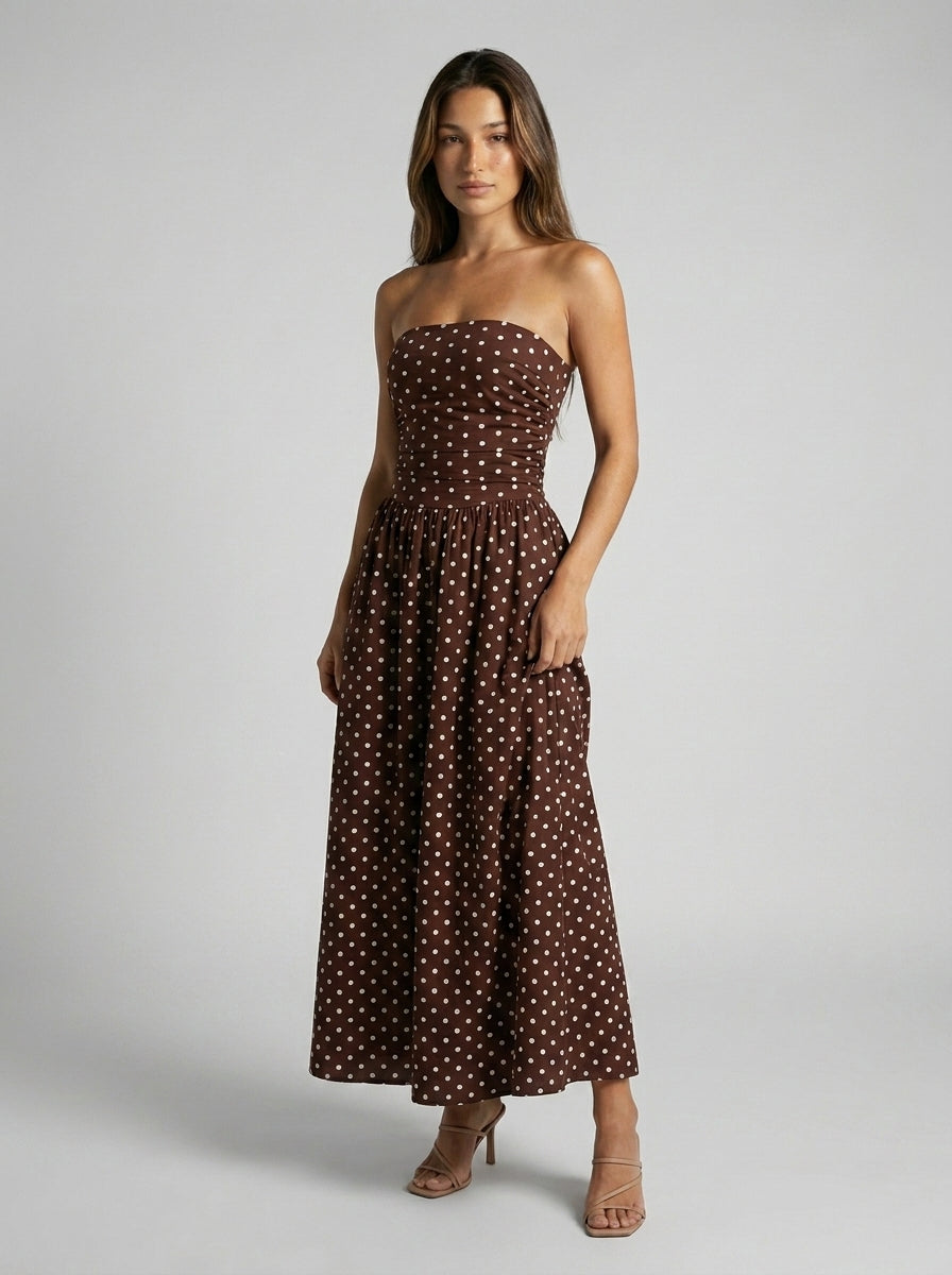 Josephine Polka Dot Strapless A Line Maxi Dress in Brown
