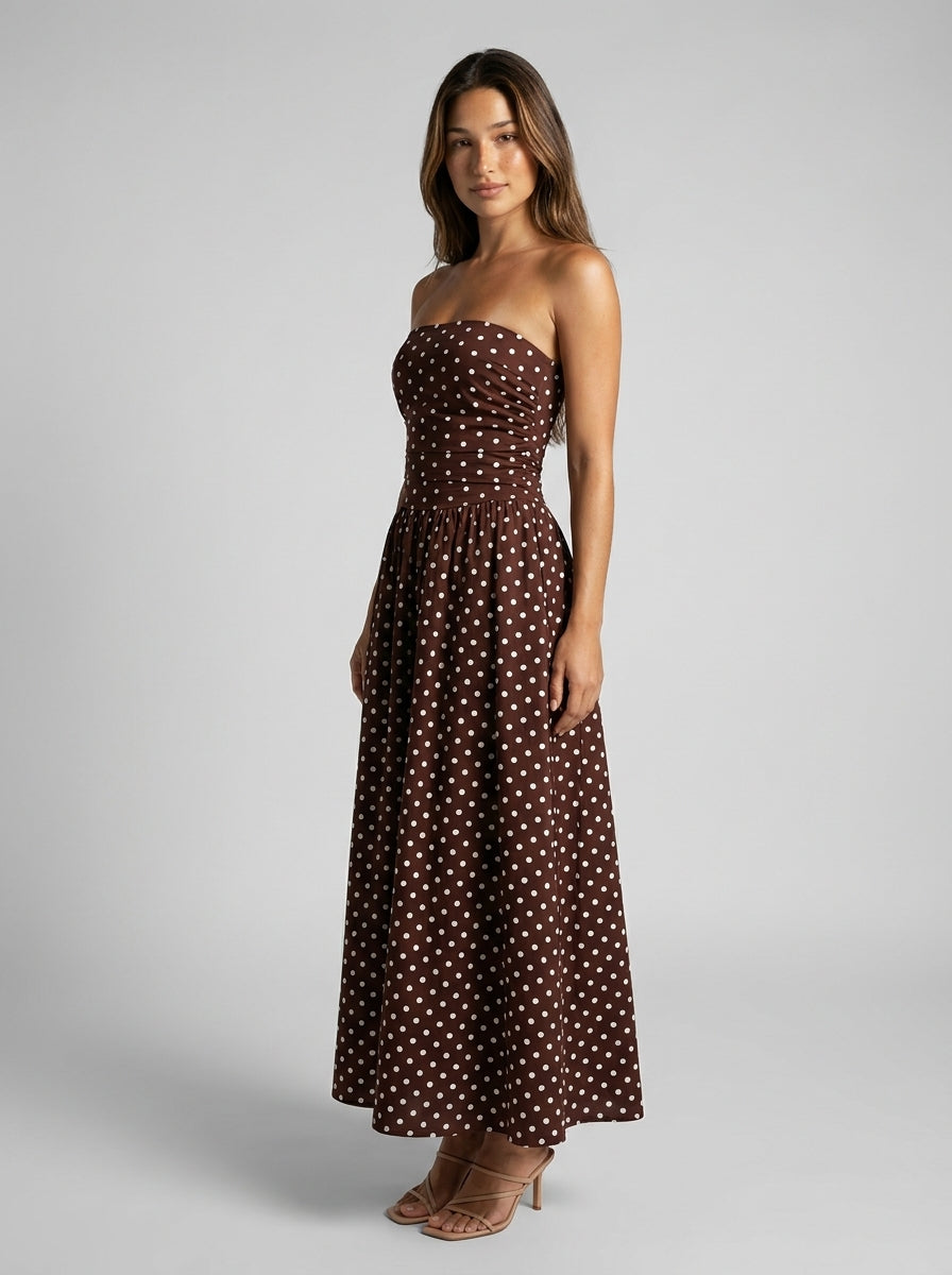 Josephine Polka Dot Strapless A Line Maxi Dress in Brown