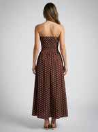 Josephine Polka Dot Strapless A Line Maxi Dress in Brown