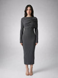 Rosanna Ribbed Draped Boat Neck Long Sleeve Maxi Dress in Grey