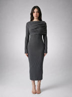 Rosanna Ribbed Draped Boat Neck Long Sleeve Maxi Dress in Grey